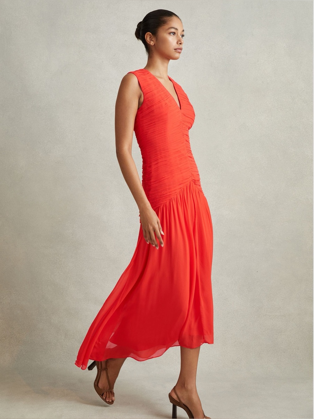 NWT Reiss Saffy Coral Ruched Asymmetric Midi Dress Petite US 6P